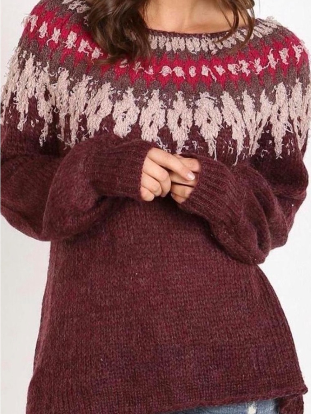 Free People Maroon Fair Isle Crew Neck Sweater